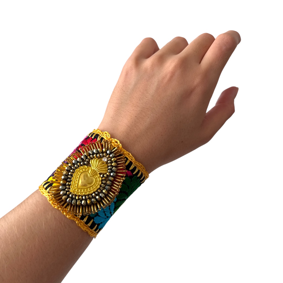 Pulsera ancha bordada amarilla multicolor - Imagen 2
