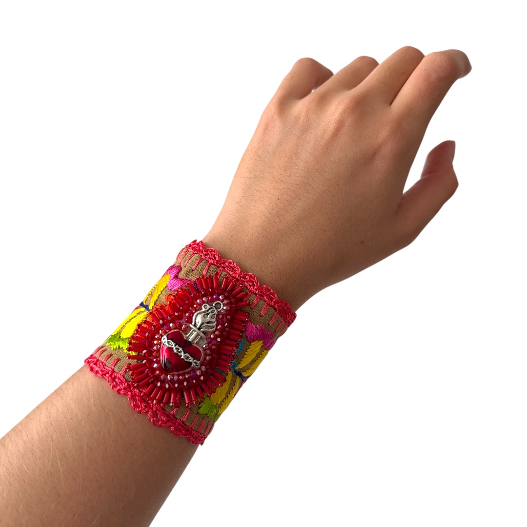 Pulsera ancha bordada naranja multicolor - Imagen 2