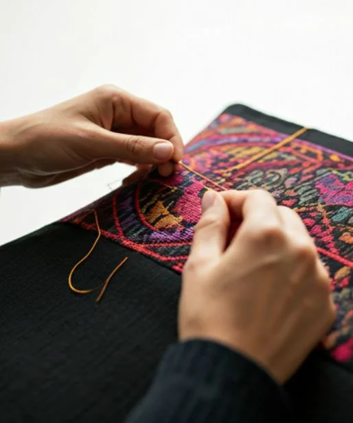 Manos bordando a mano una pieza textil oaxaqueña